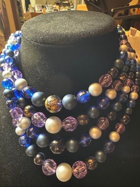 Source Unknown Purple, Blue, Black & Gold Multi-Strand Beaded Necklace